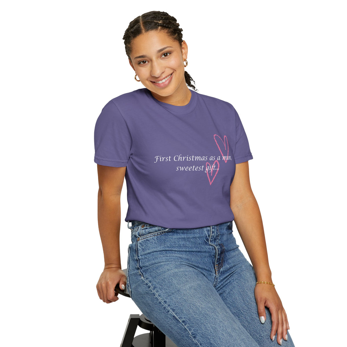Purple women's Christmas mum T-shirt with pink heart graphic and 'sweetest gift' text