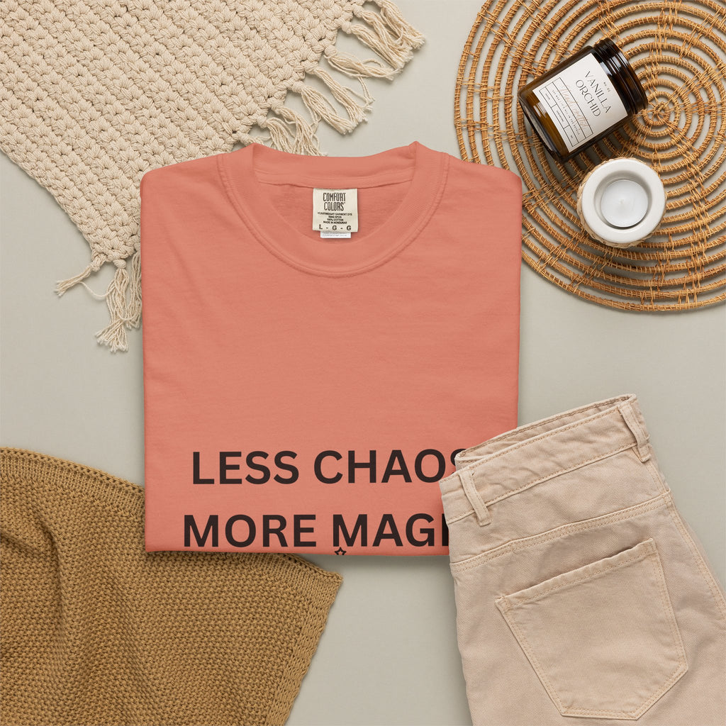 Less Chaos, More Magic T-Shirt — Crescent Moon + Stars Graphic Tee