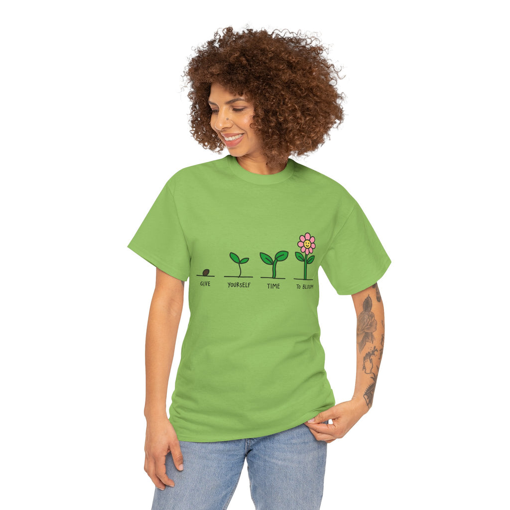 Green short-sleeve T-shirt on model with sprout-and-flower growth graphic