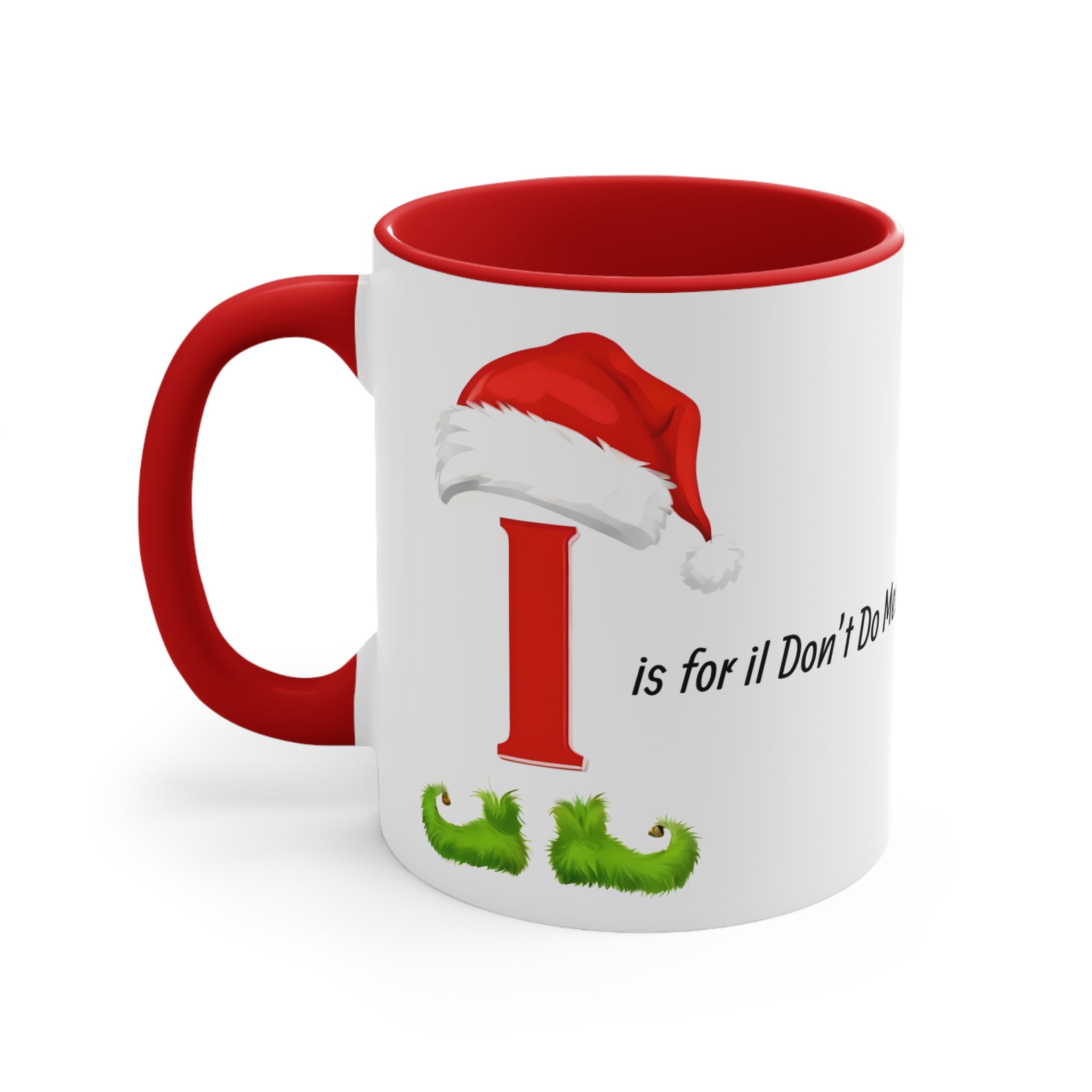 Coffee mug with Santa-hat letter I graphic, red interior and red handle