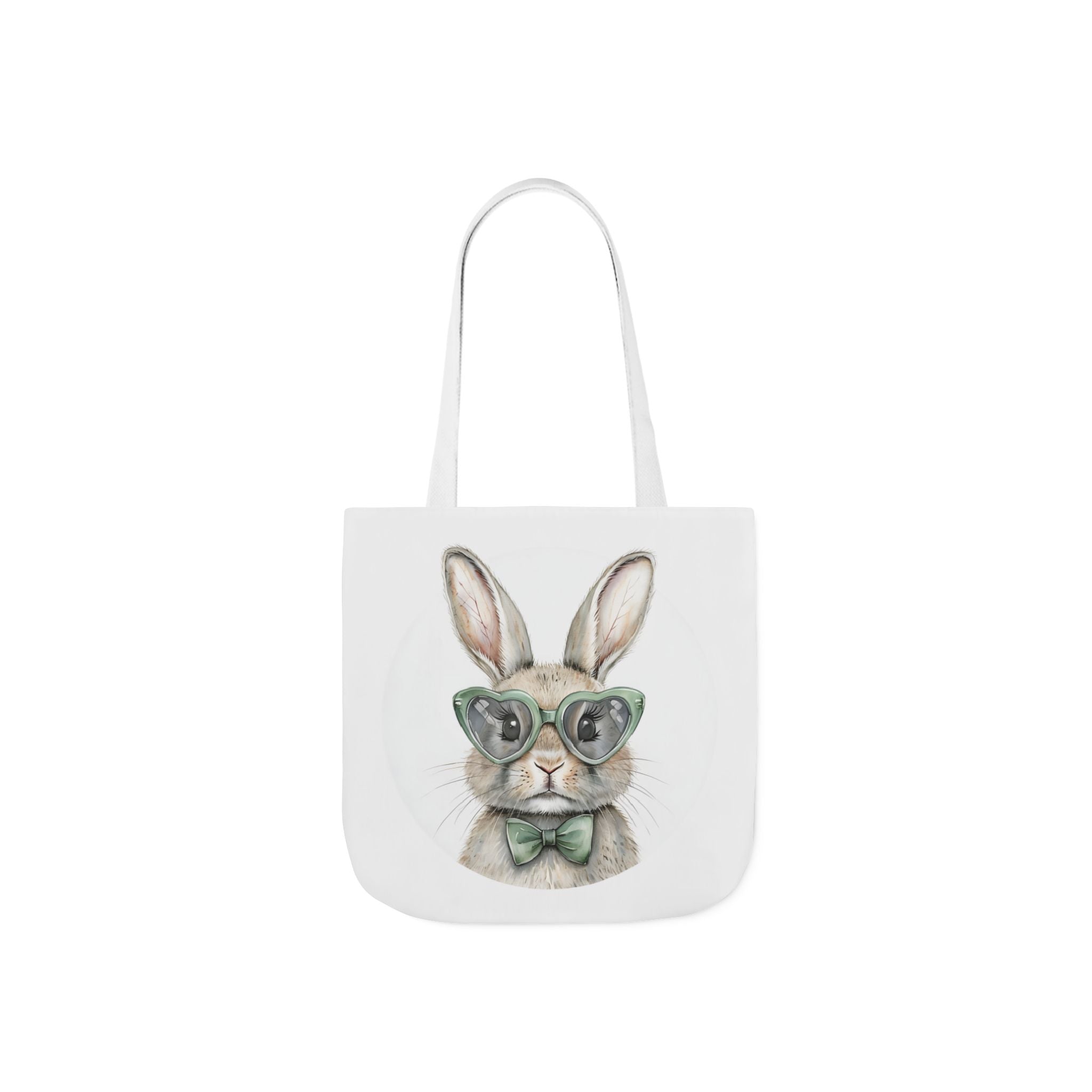 White canvas tote bag with centered bunny wearing green glasses and bow, front view