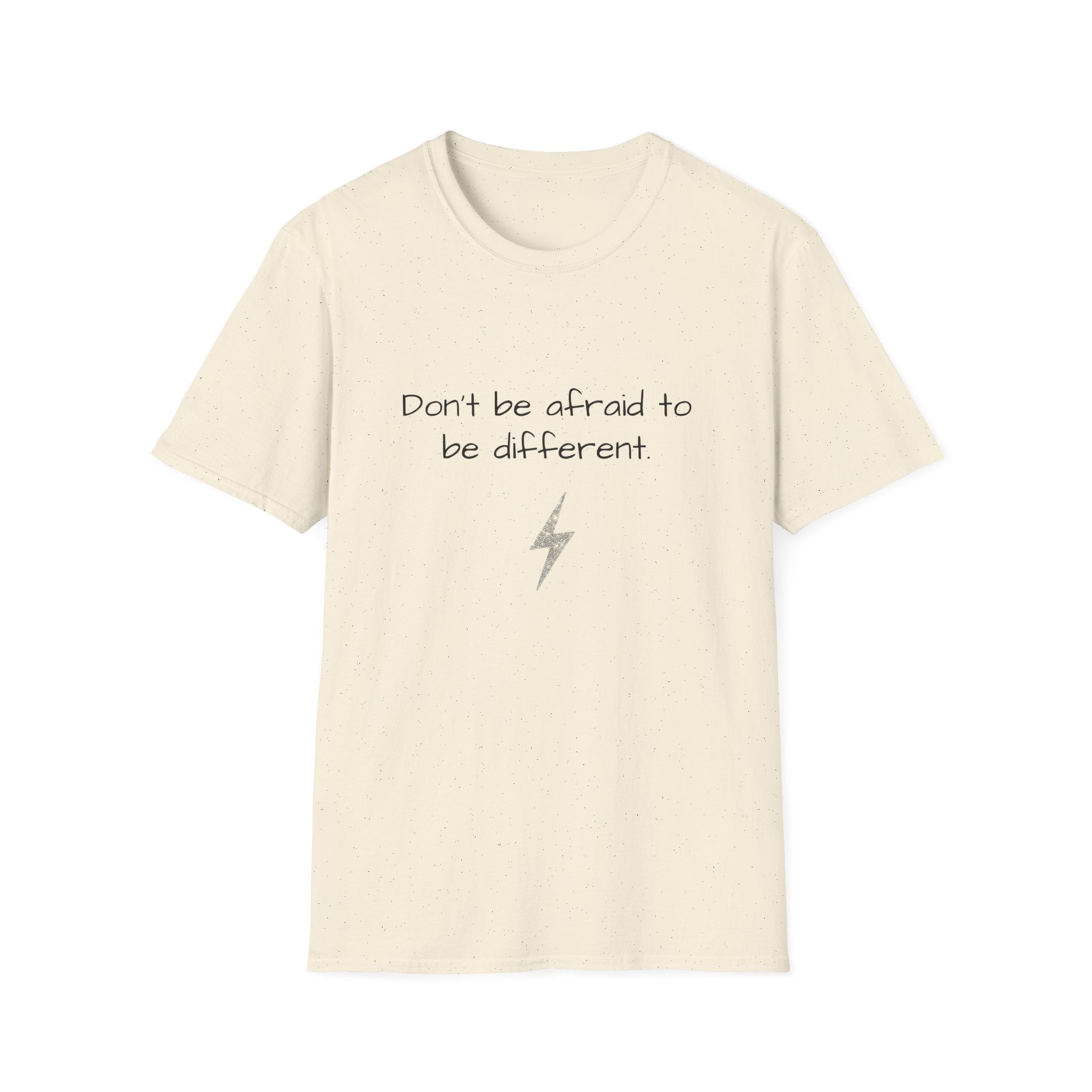 Cream unisex T-shirt with quote "Don’t be afraid to be different" and lightning bolt.