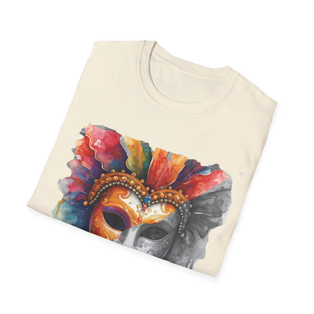 Cream face T-shirt with watercolor masquerade mask graphic on the chest