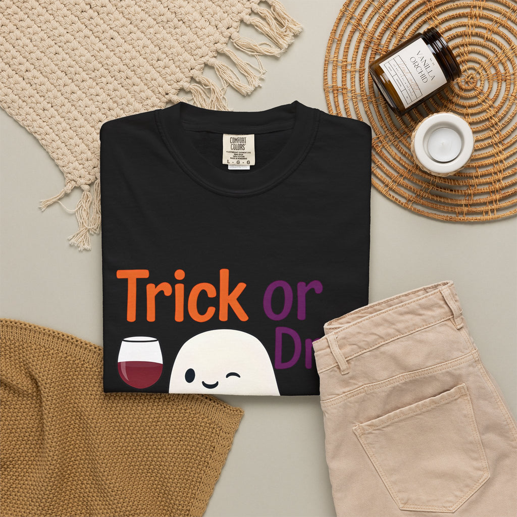 Black Halloween T-shirt with ghost face, wine glass, pumpkin, and "Trick or Drink" text