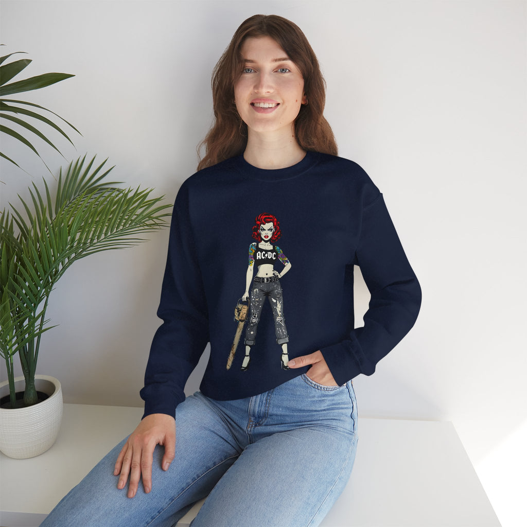 Navy sweatshirt on model, long sleeves and AC/DC girl graphic front