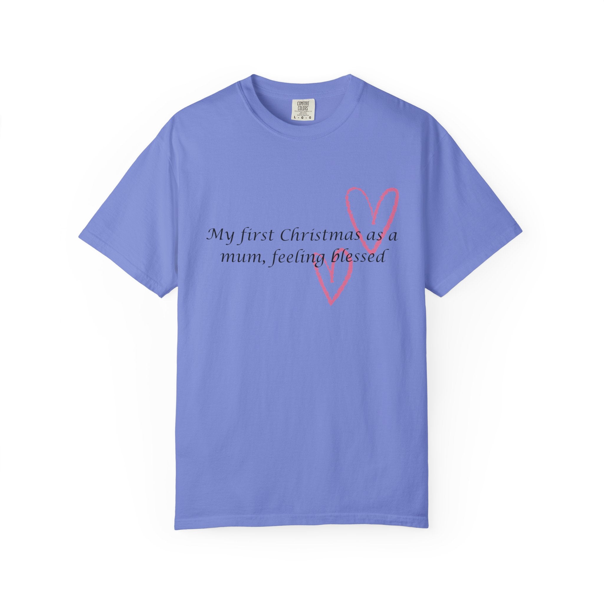 Blue Christmas mum t-shirt with pink heart outline and “My first Christmas” text