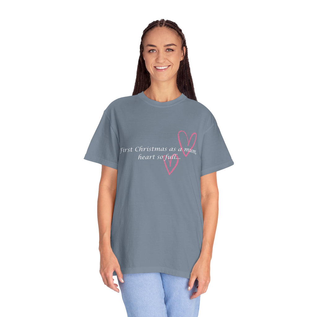Slate blue heart slogan T-shirt worn by a woman, with pink heart and script text.