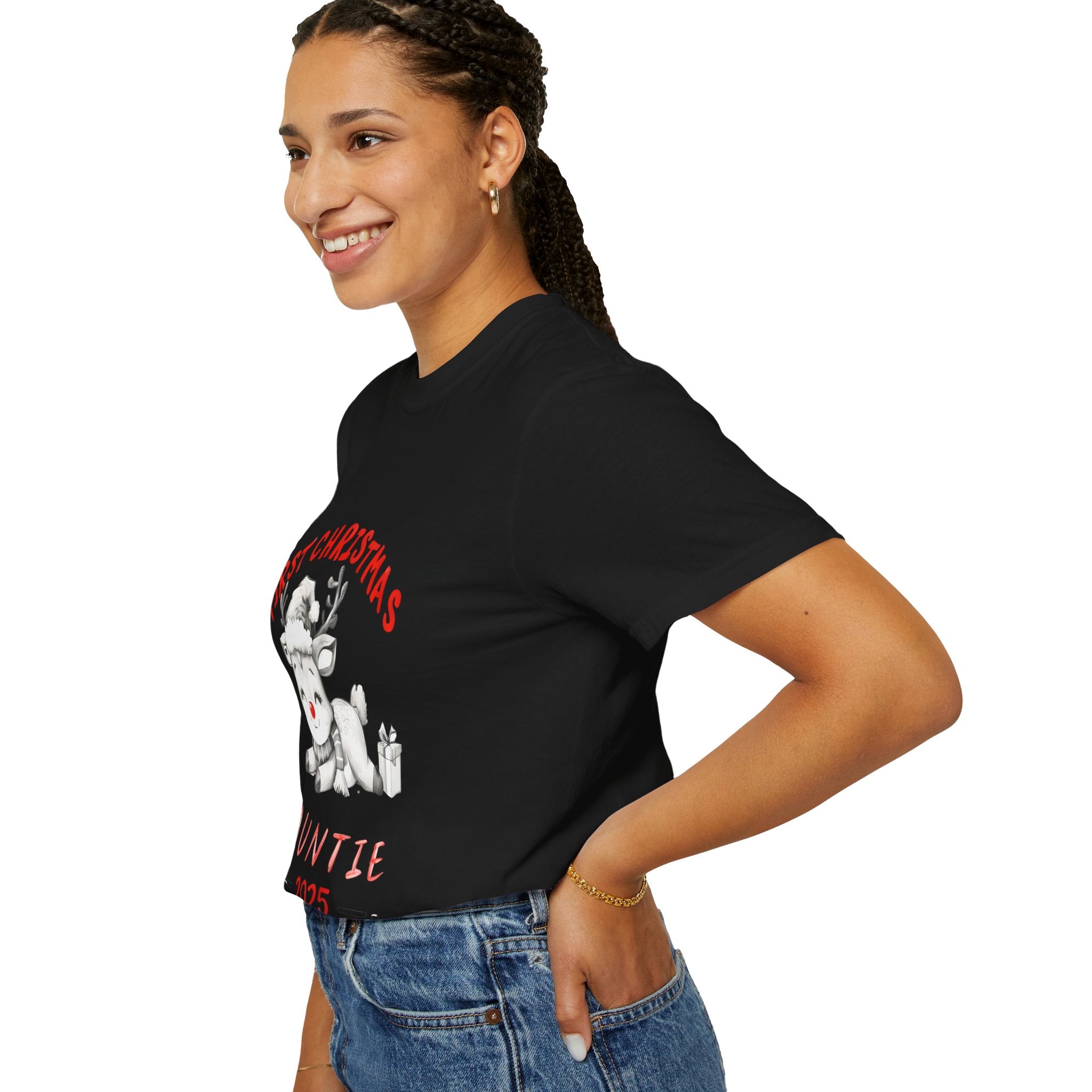Black T-shirt on model, side view with red reindeer and “Auntie 2025” text