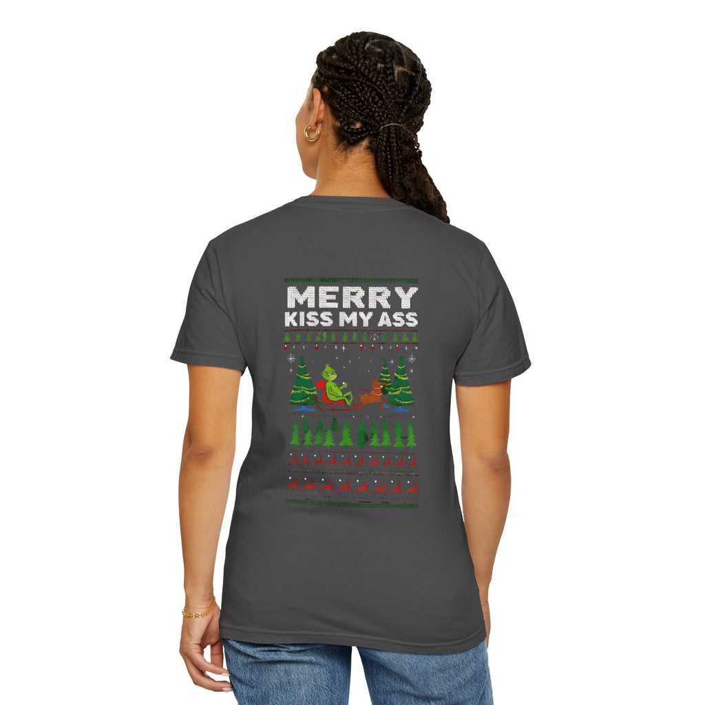 Dark gray unisex T-shirt, back graphic with 'Merry Kiss My Ass' and holiday pattern.