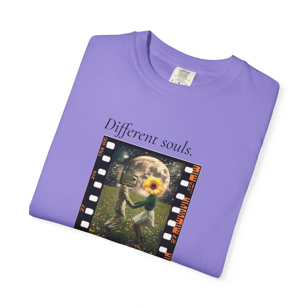 Purple crewneck graphic tee with movie-frame artwork and flower character