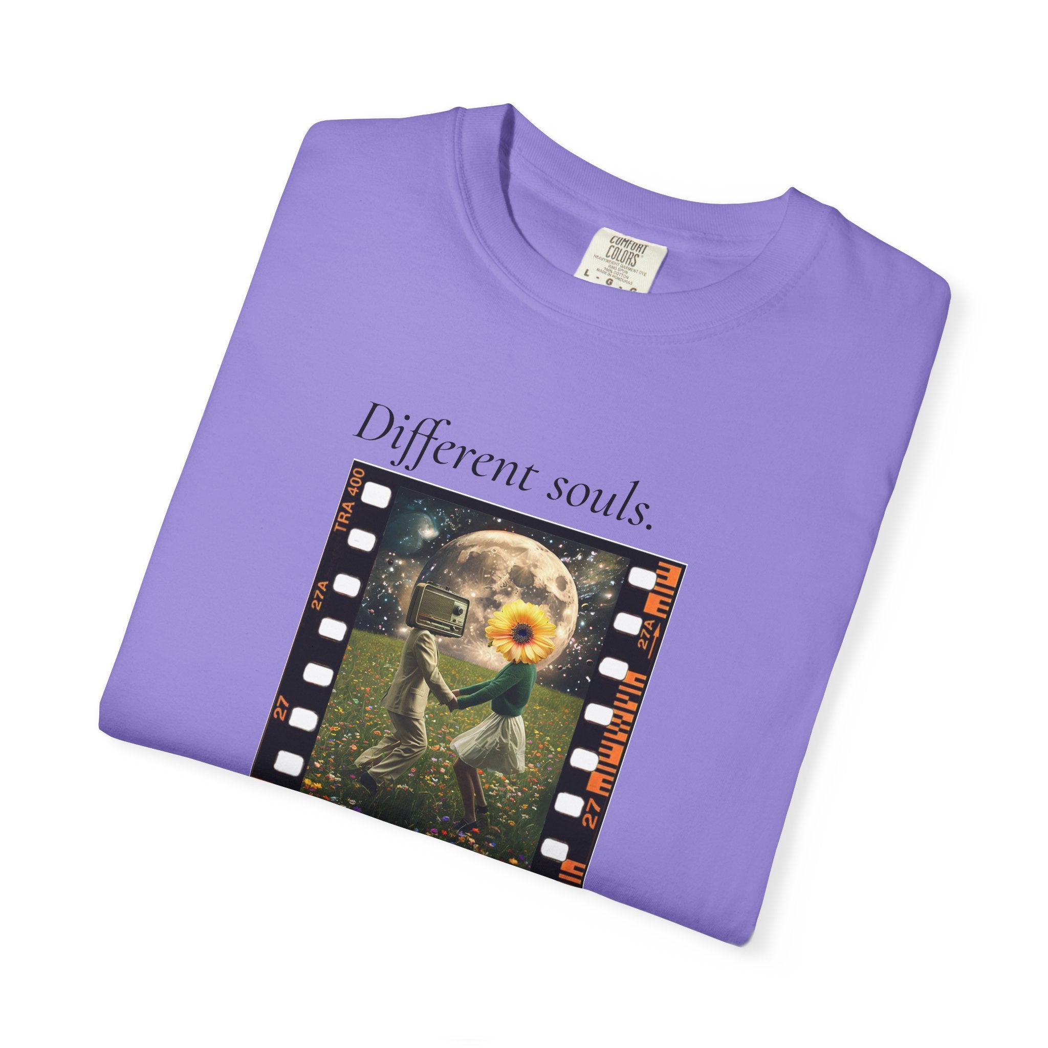 Purple crewneck graphic tee with movie-frame artwork and flower character