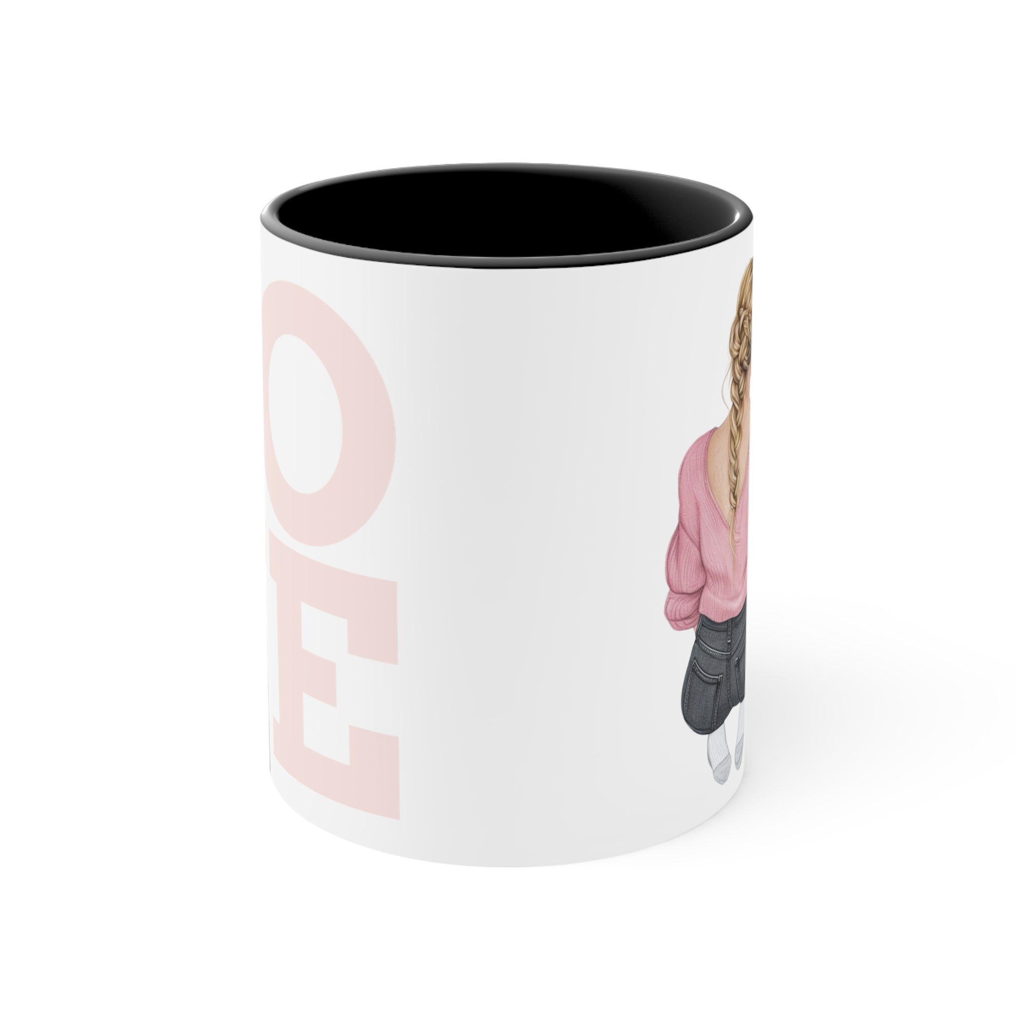 11oz accent mug, white with black rim; partial couple graphic on side