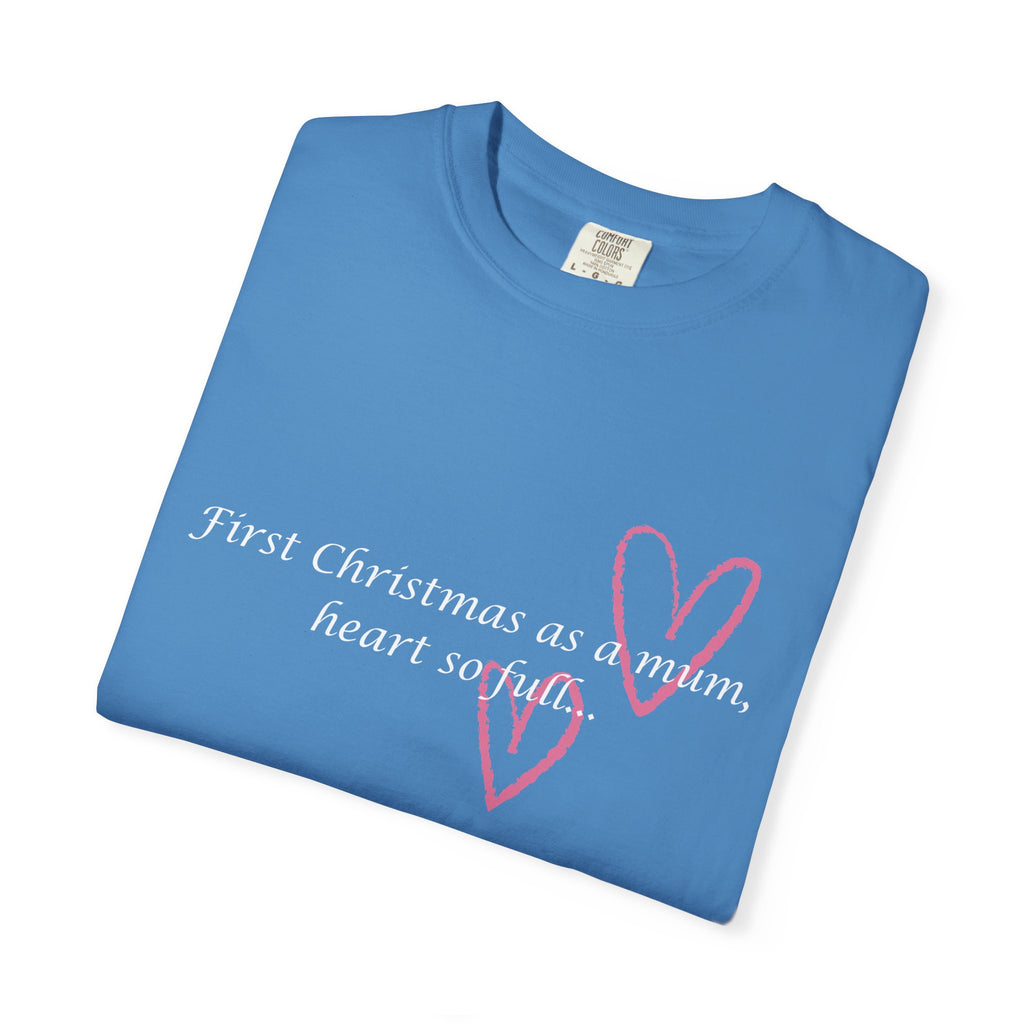 Bright blue heart slogan T-shirt, folded view, with pink heart and script text on front.