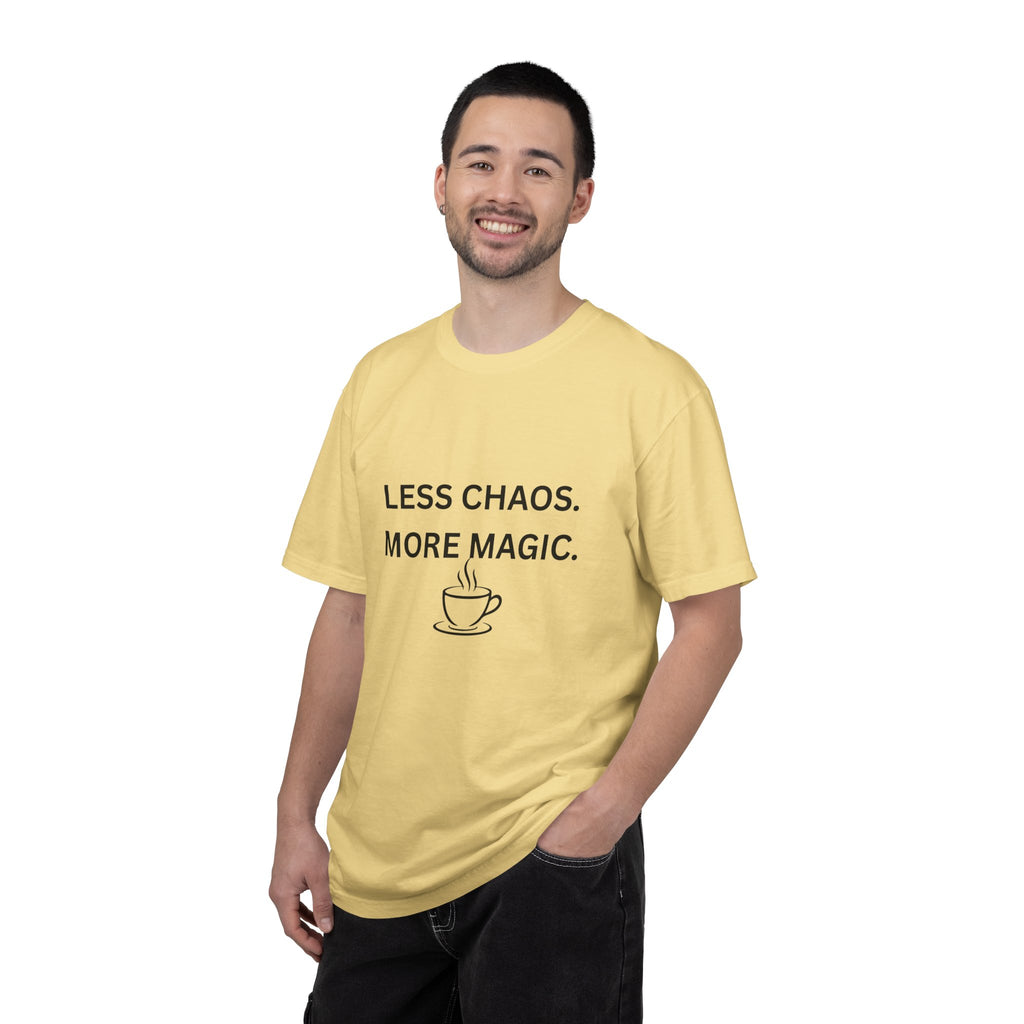 Less Chaos, More Magic T-Shirt — Cozy Coffee Cup Graphic Tee