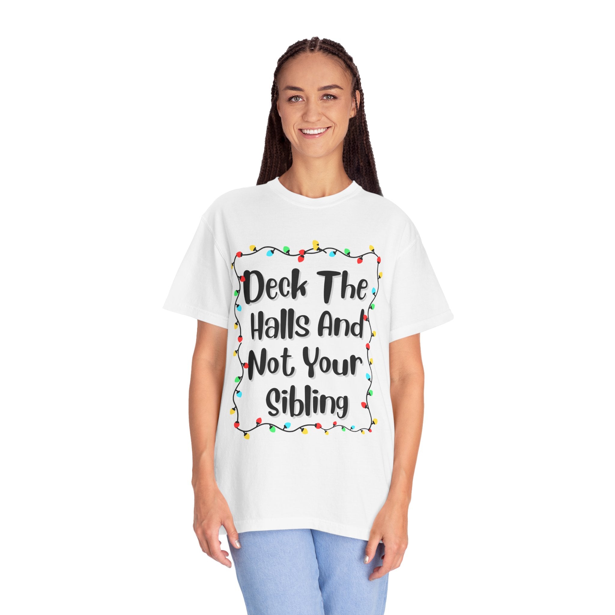 White T-shirt with colorful holiday lights frame and funny “Deck The Halls…” text front