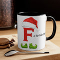 Christmas letter F mug, white with black rim and handle; Santa-hat F and “is for Fake Cheer” text