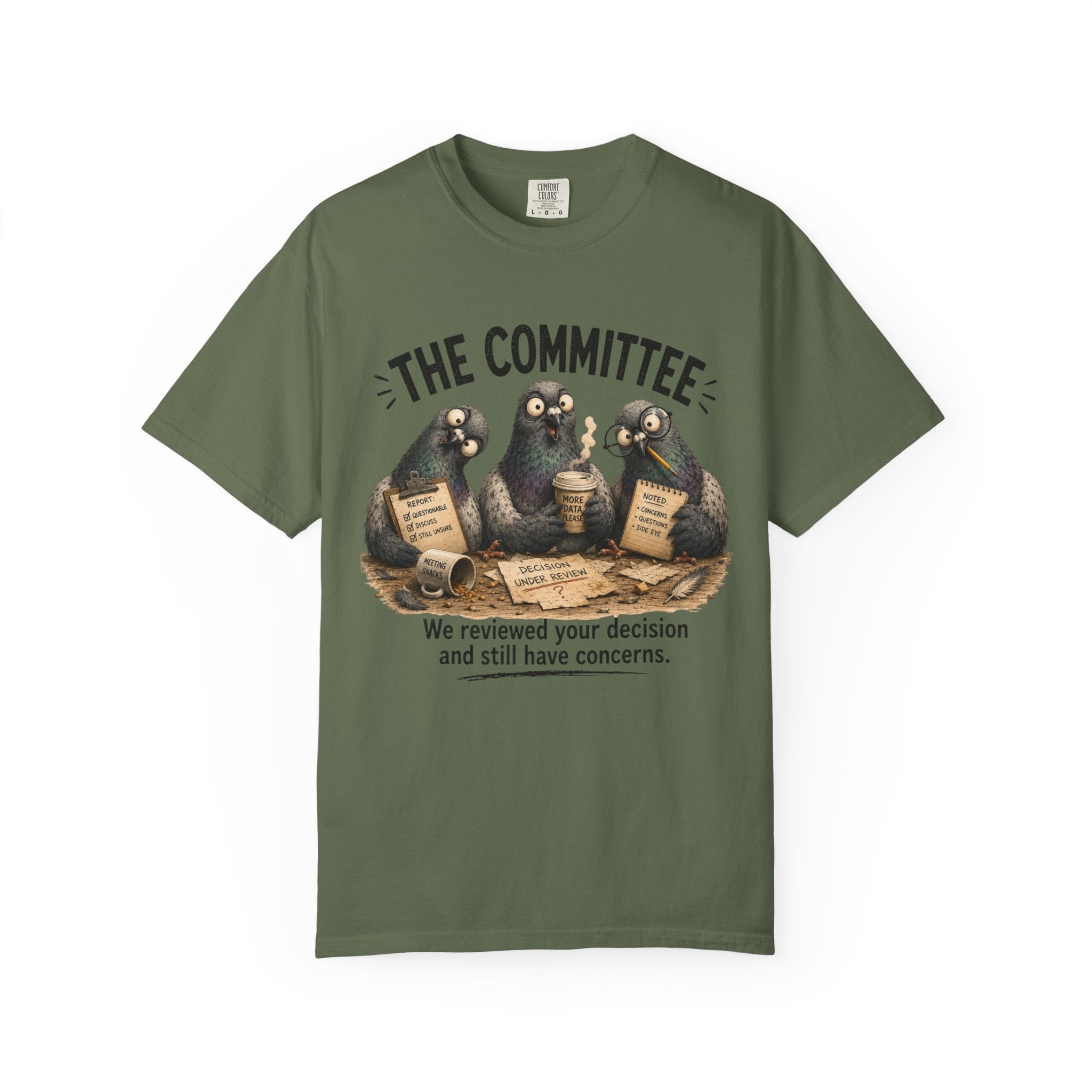 Sage green T-shirt with 'The Committee' pigeon reviewers graphic on front