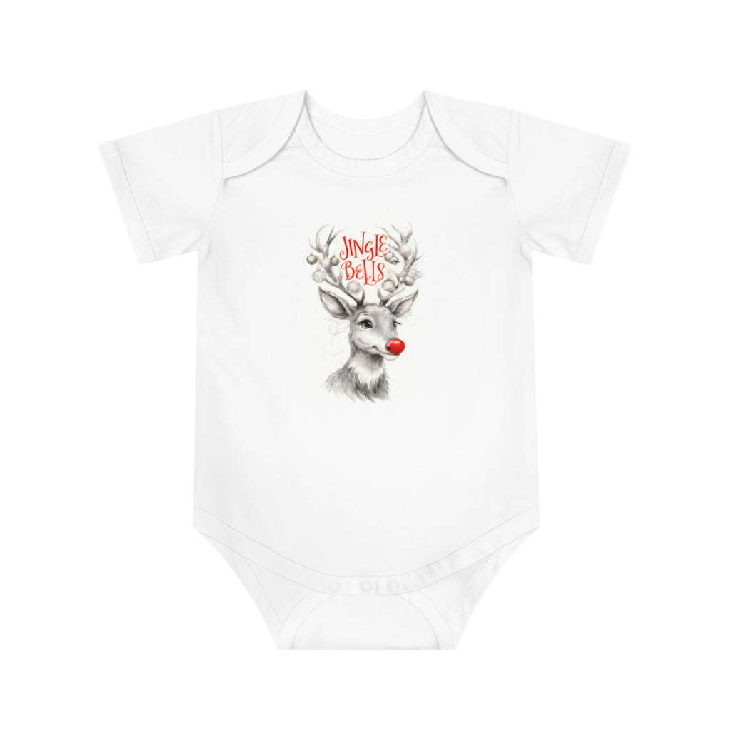 White baby bodysuit with reindeer graphic and "Jingle Bells" on the chest