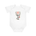 White baby bodysuit with reindeer graphic and "Jingle Bells" on the chest