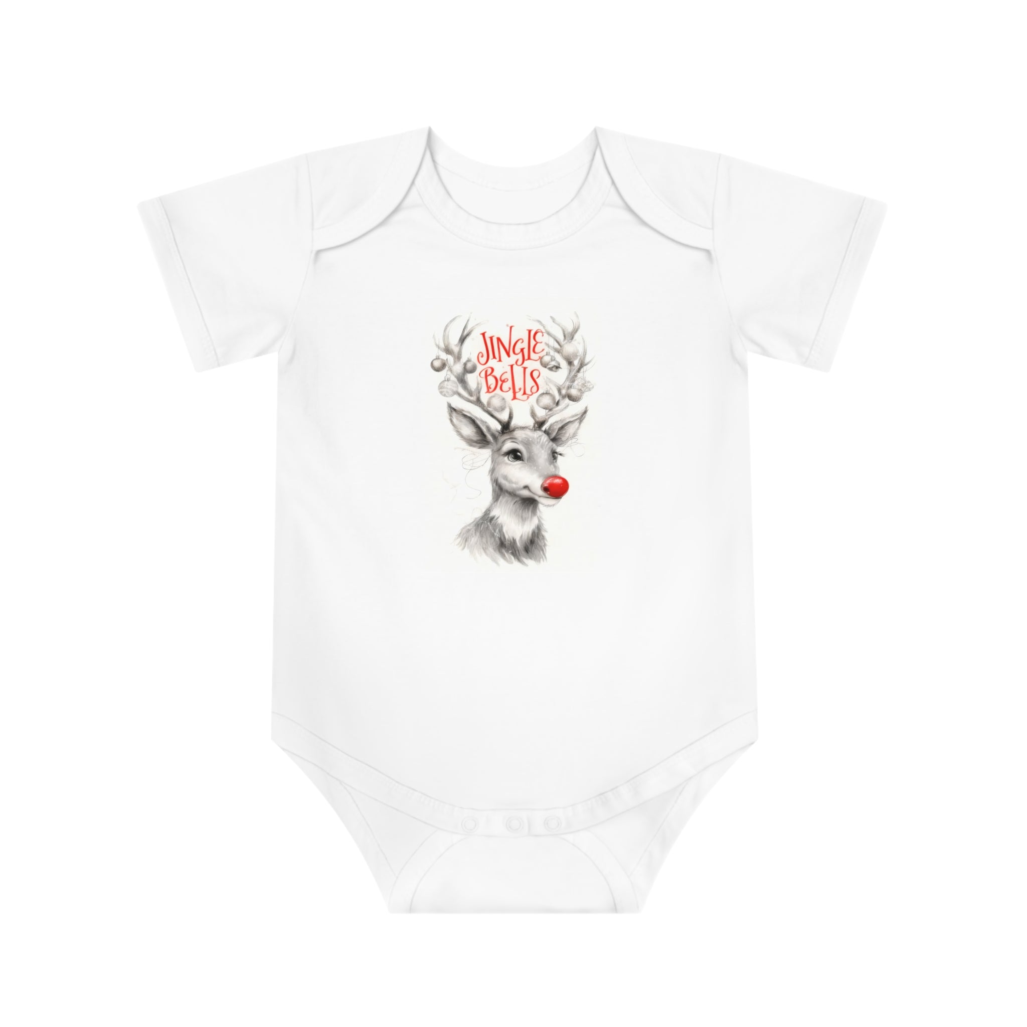 White baby bodysuit with reindeer graphic and "Jingle Bells" on the chest