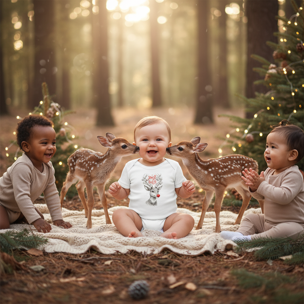 White baby bodysuit worn by baby, reindeer "Jingle Bells" chest graphic