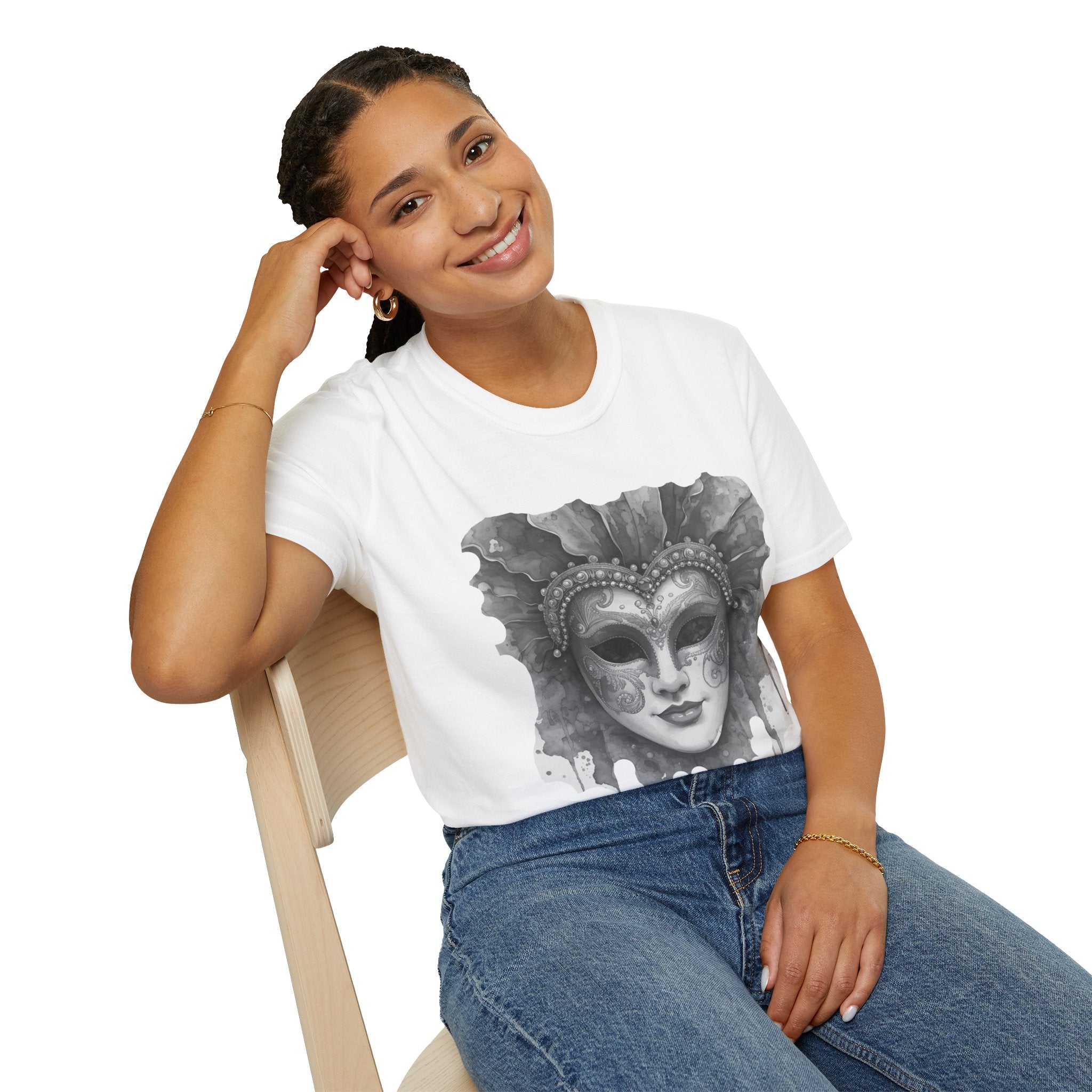 White t-shirt with watercolor mask face graphic on chest