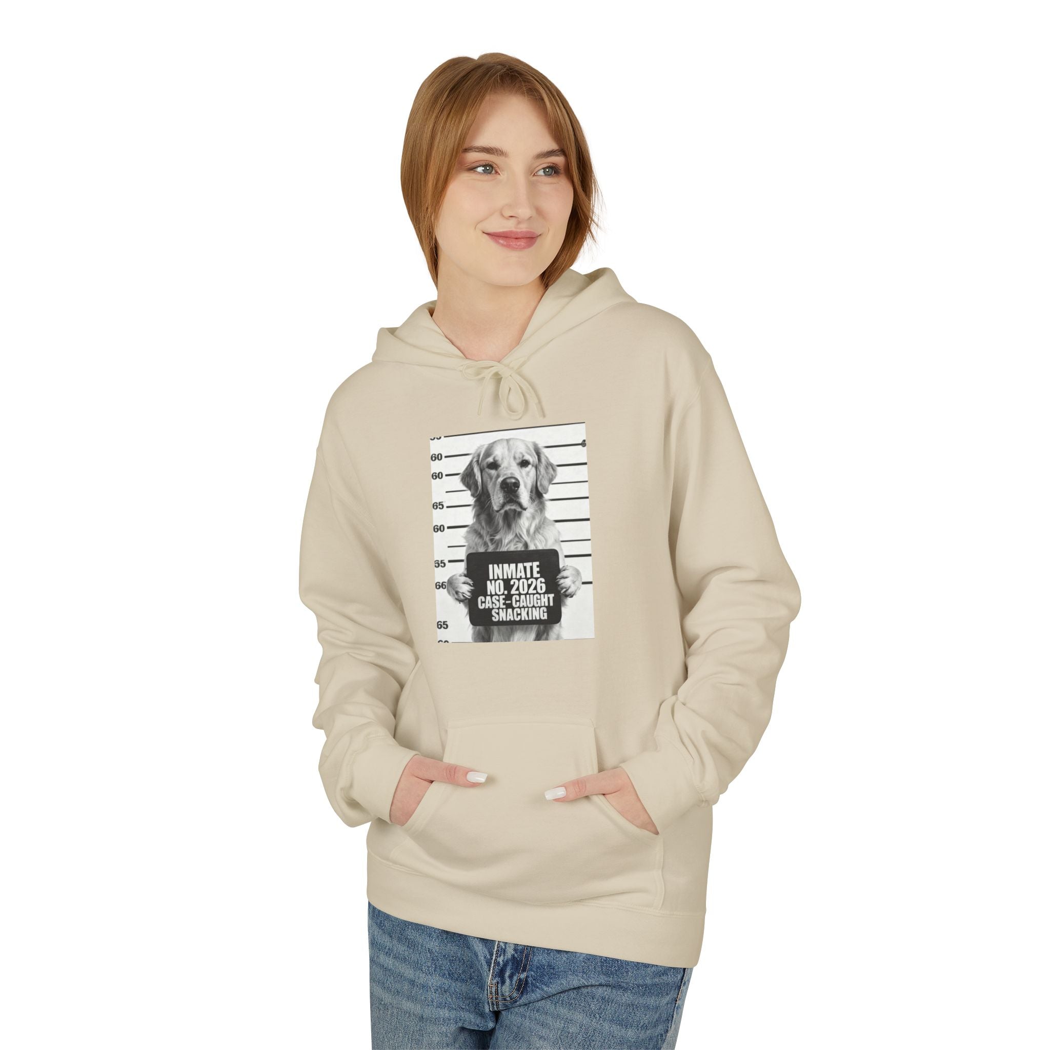 Beige hoodie with hood and kangaroo pocket, featuring a dog mugshot-style front graphic