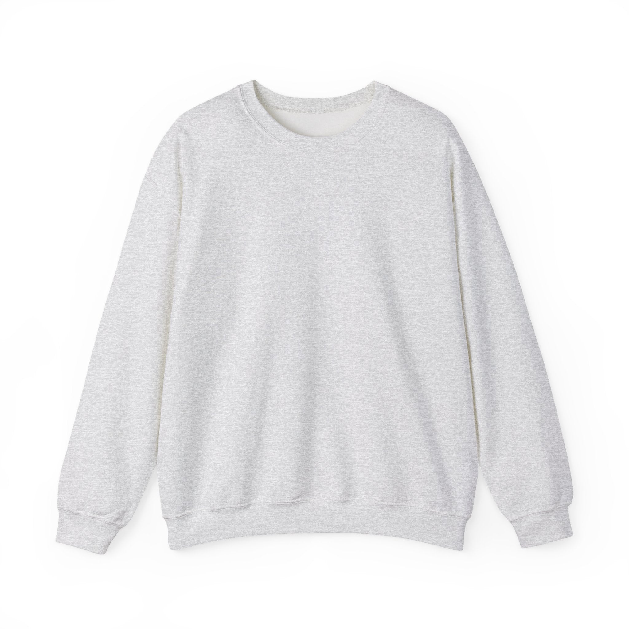 Light gray crewneck sweatshirt with long sleeves, plain front