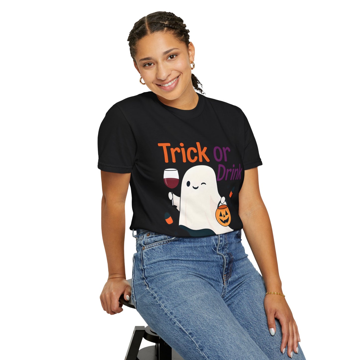 Halloween Ghost T-Shirt, Trick or Drink, Unisex Casual Tee, Fall Apparel, Spooky Party Shirt, Autumn Outfit