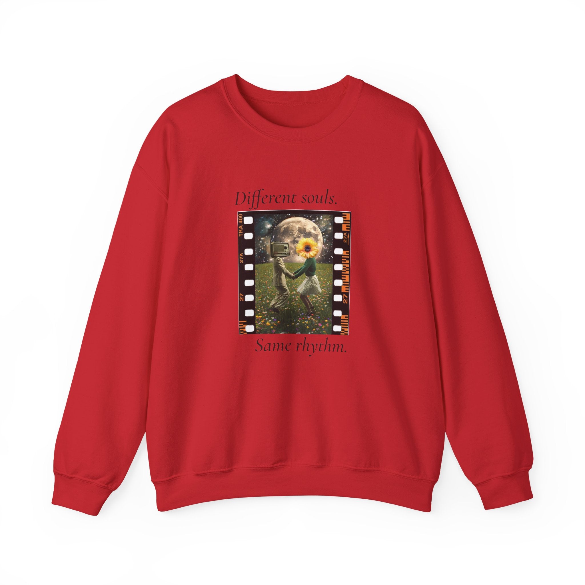Red crewneck sweatshirt with centered film-strip graphic and script text