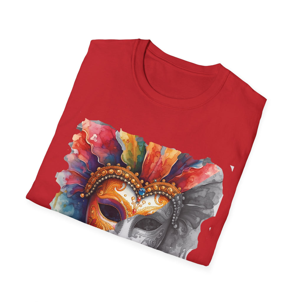 Red folded crewneck T-shirt with watercolor masquerade face graphic front