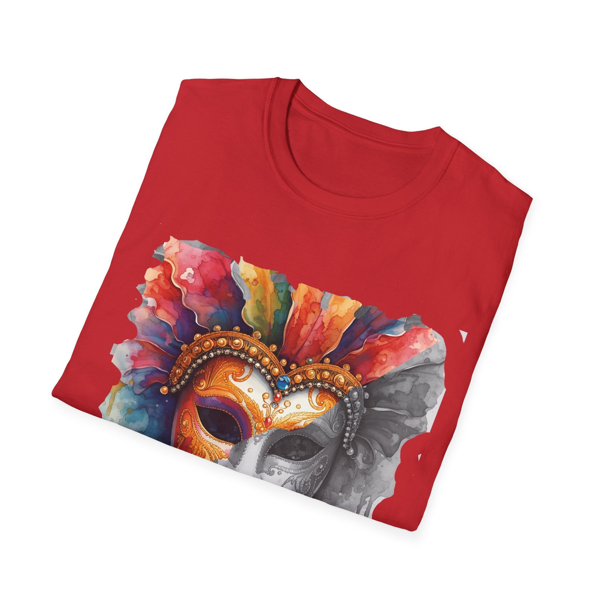 Red folded crewneck T-shirt with watercolor masquerade face graphic front
