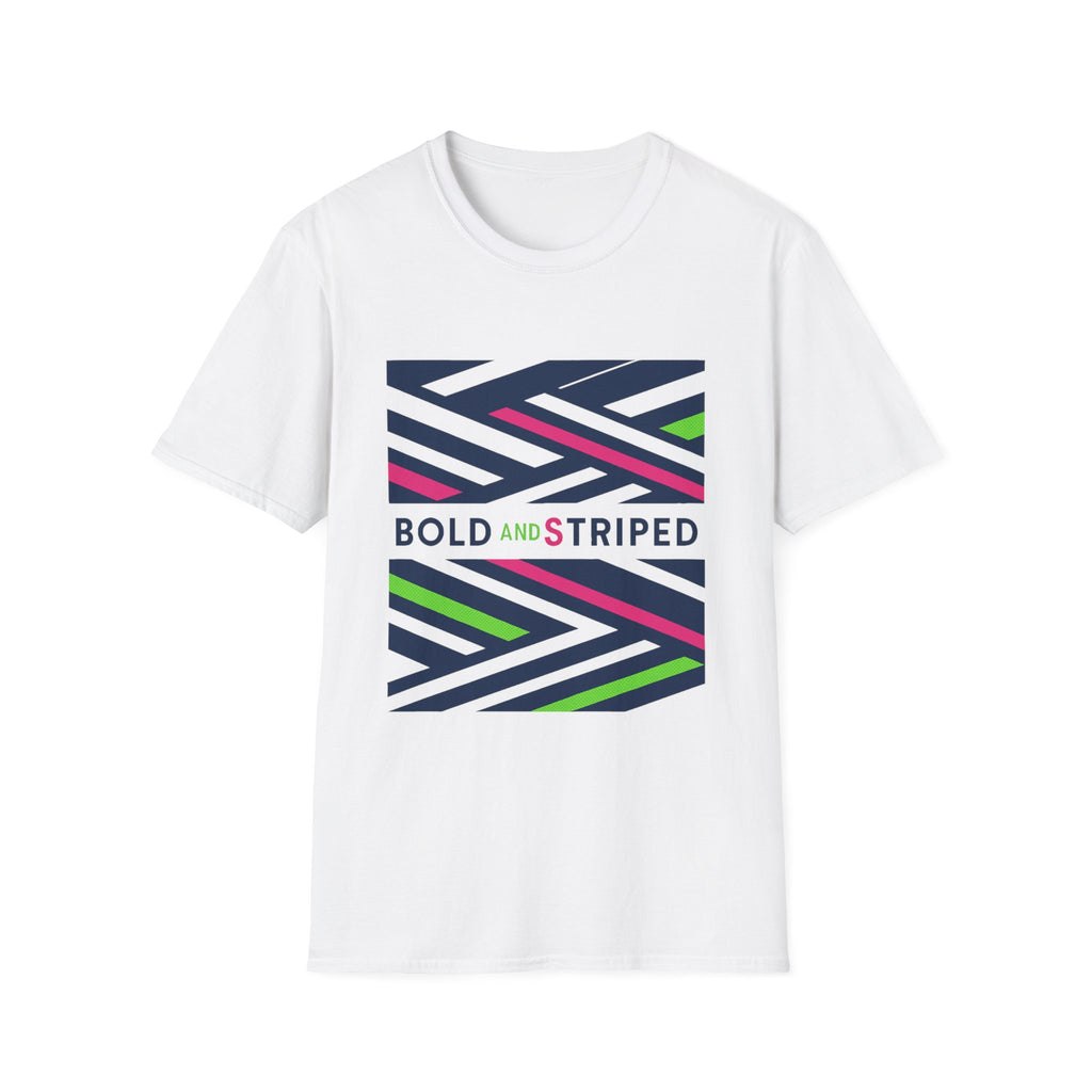 White unisex T-shirt with bold striped square chest graphic