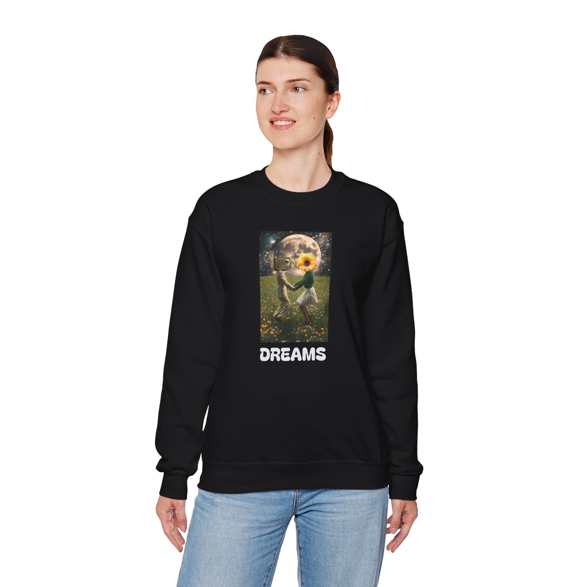 Black sweatshirt with front graphic and 'DREAMS' text, crew neck and long sleeves