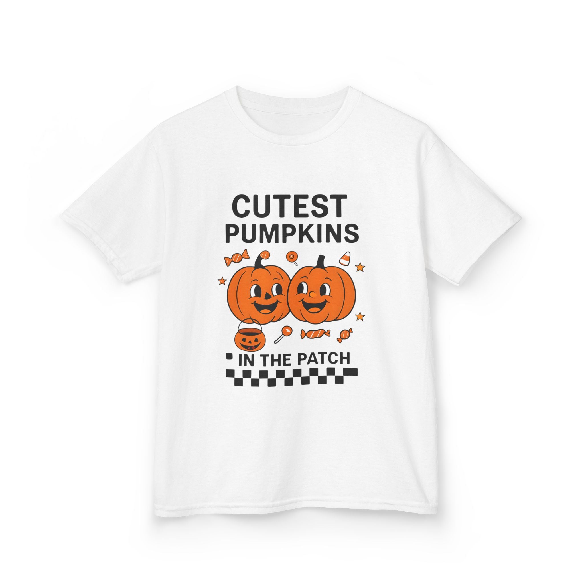 Kids white T-shirt front with “Cutest Pumpkins” pumpkin characters and “In the Patch” text