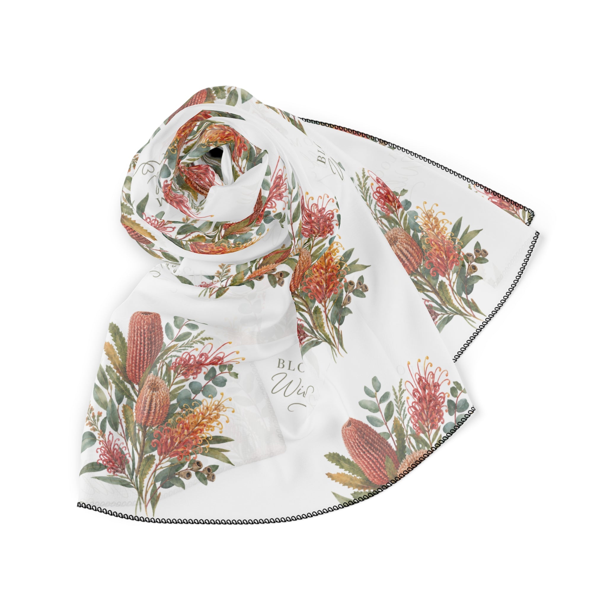 Lightweight floral scarf draped, white with orange and pink wildflower bouquet print