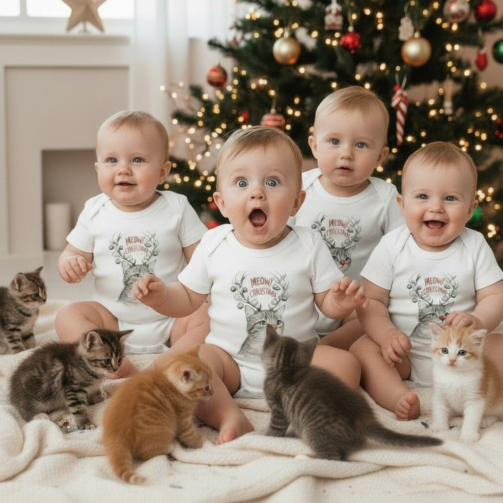 Baby white short-sleeve bodysuit with cat reindeer holiday graphic, snap leg opening