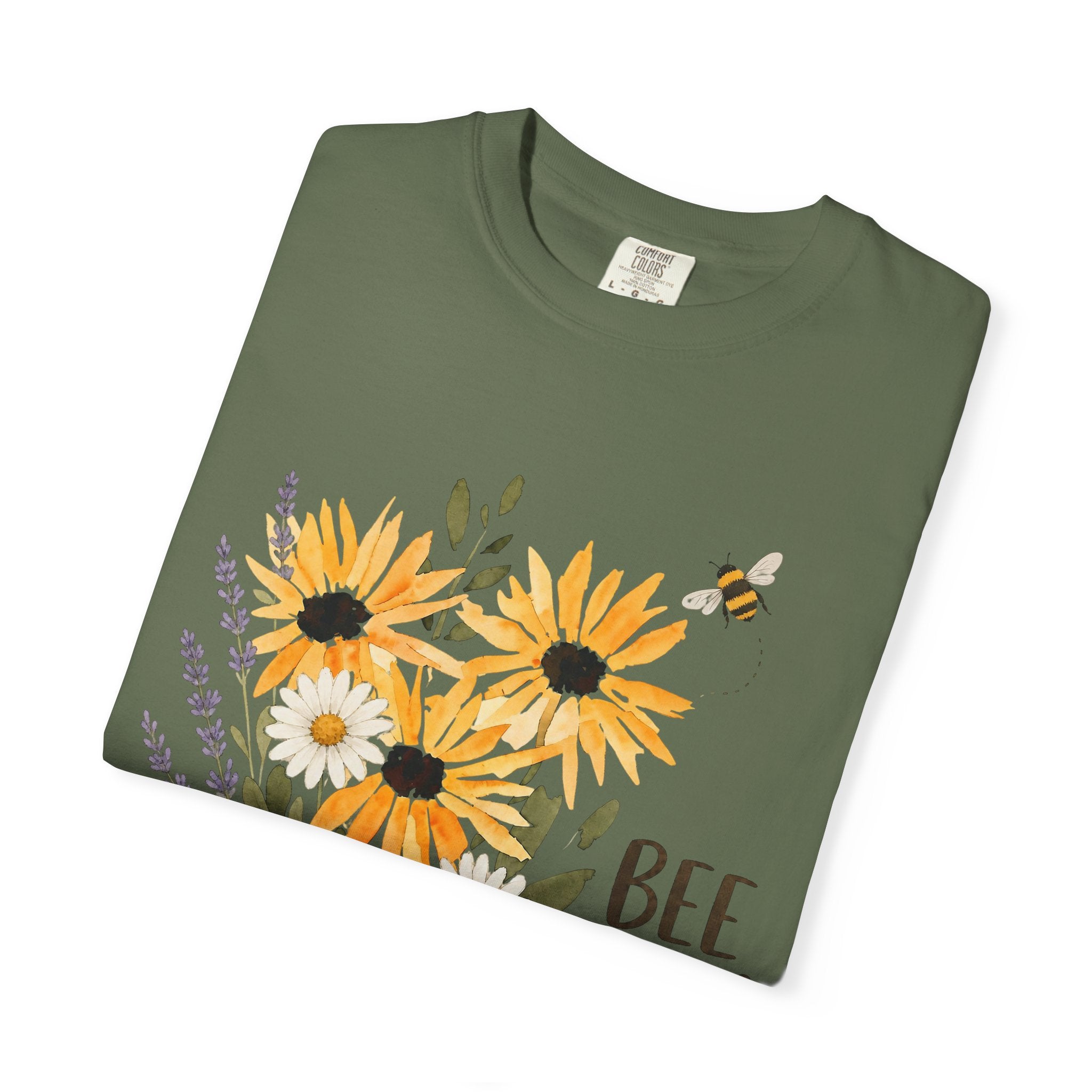 Sage green crew-neck t-shirt with sunflower, lavender bouquet and bee graphic