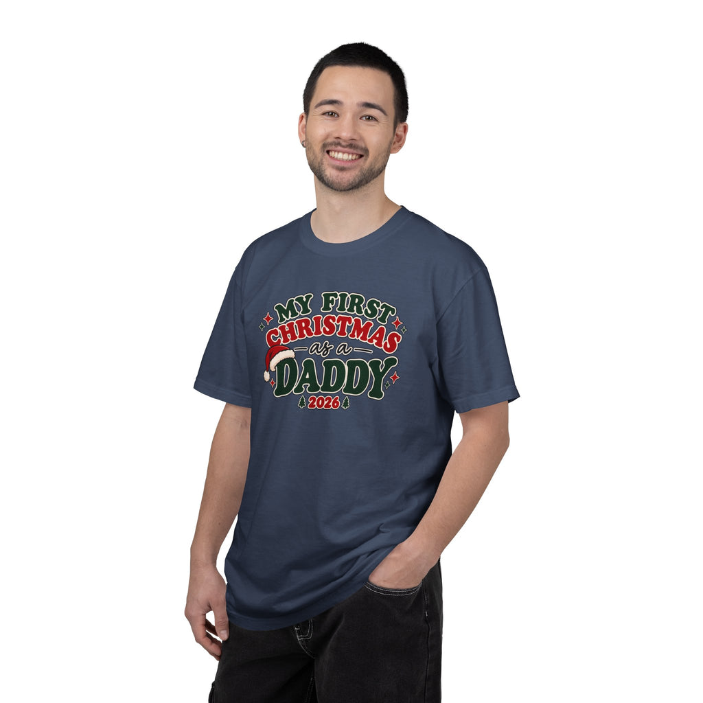 Navy crew-neck T-shirt on model, with “My First Christmas as a Daddy 2026” graphic