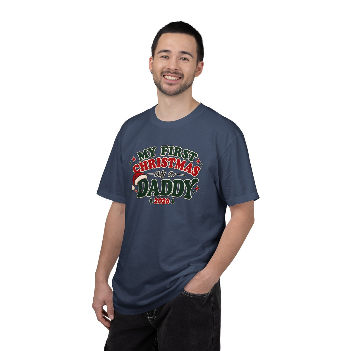 Navy T-shirt worn by a man, featuring the “My First Christmas as a Daddy 2026” graphic