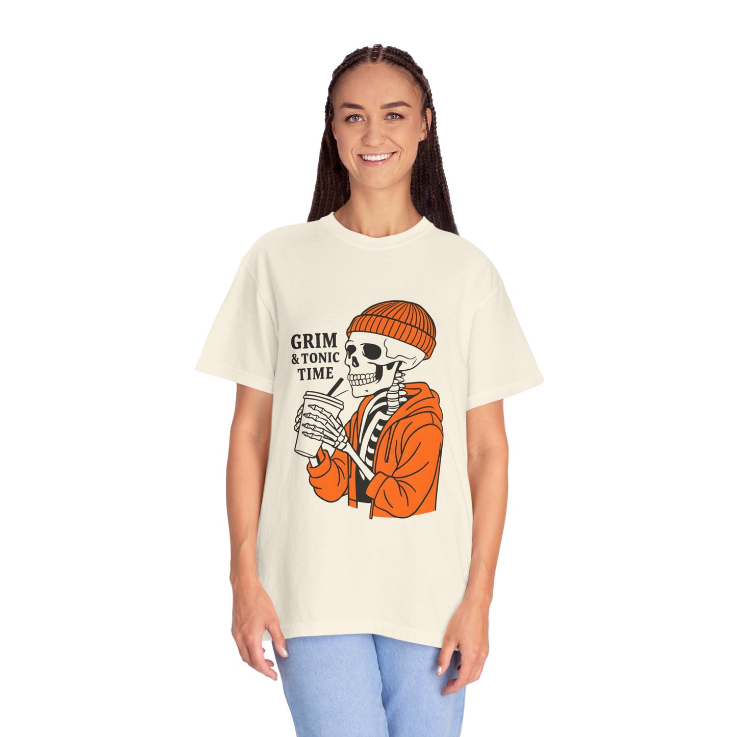 Grim & Tonic Time Graphic Tee, Casual Unisex T-Shirt, Perfect for Halloween, Gift for Spirits Lovers, Skulls and Sips Design