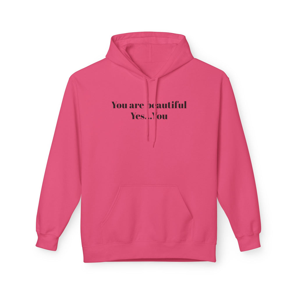 Pink unisex hoodie with front text graphic, pullover hood and kangaroo pocket