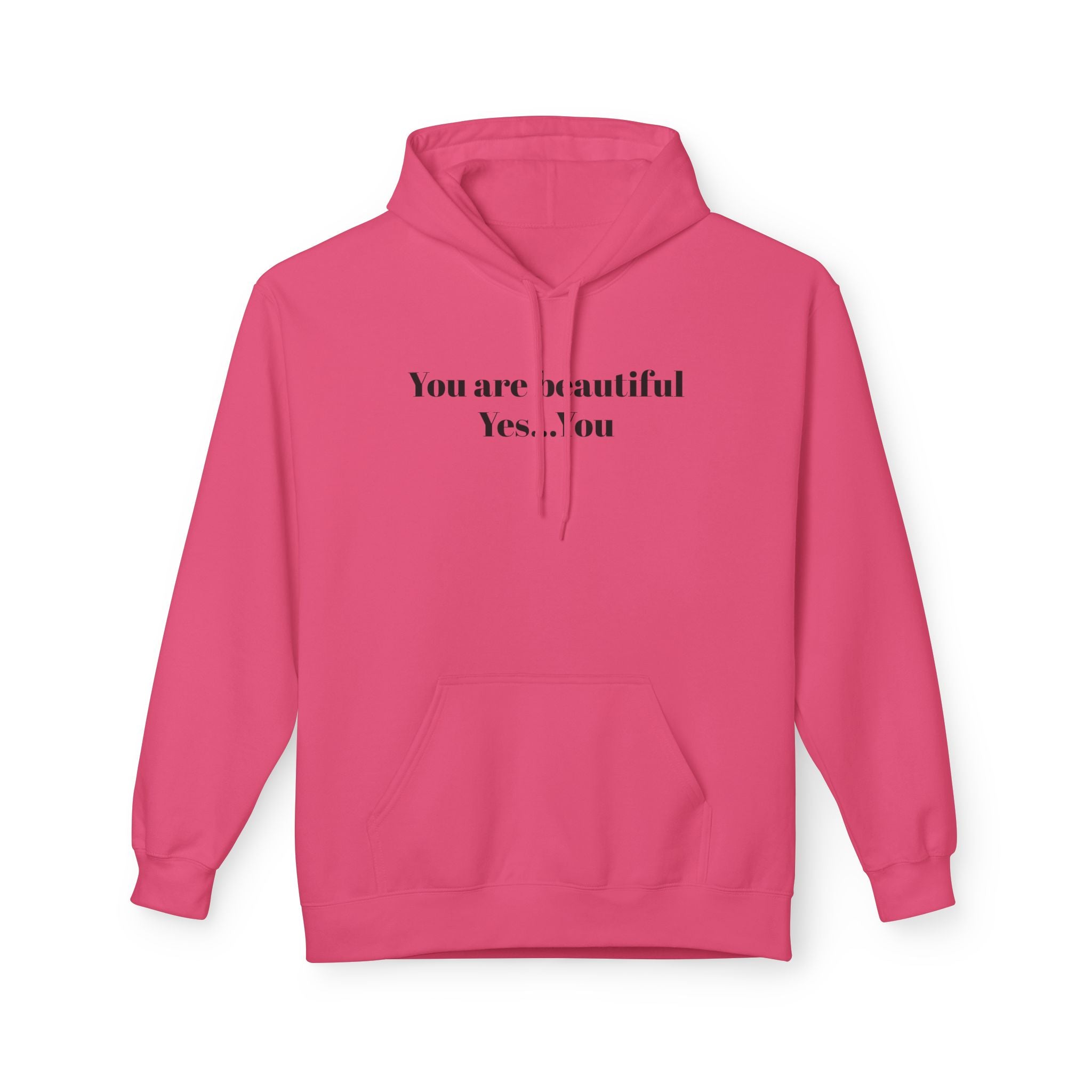Pink unisex hoodie with front text graphic, pullover hood and kangaroo pocket