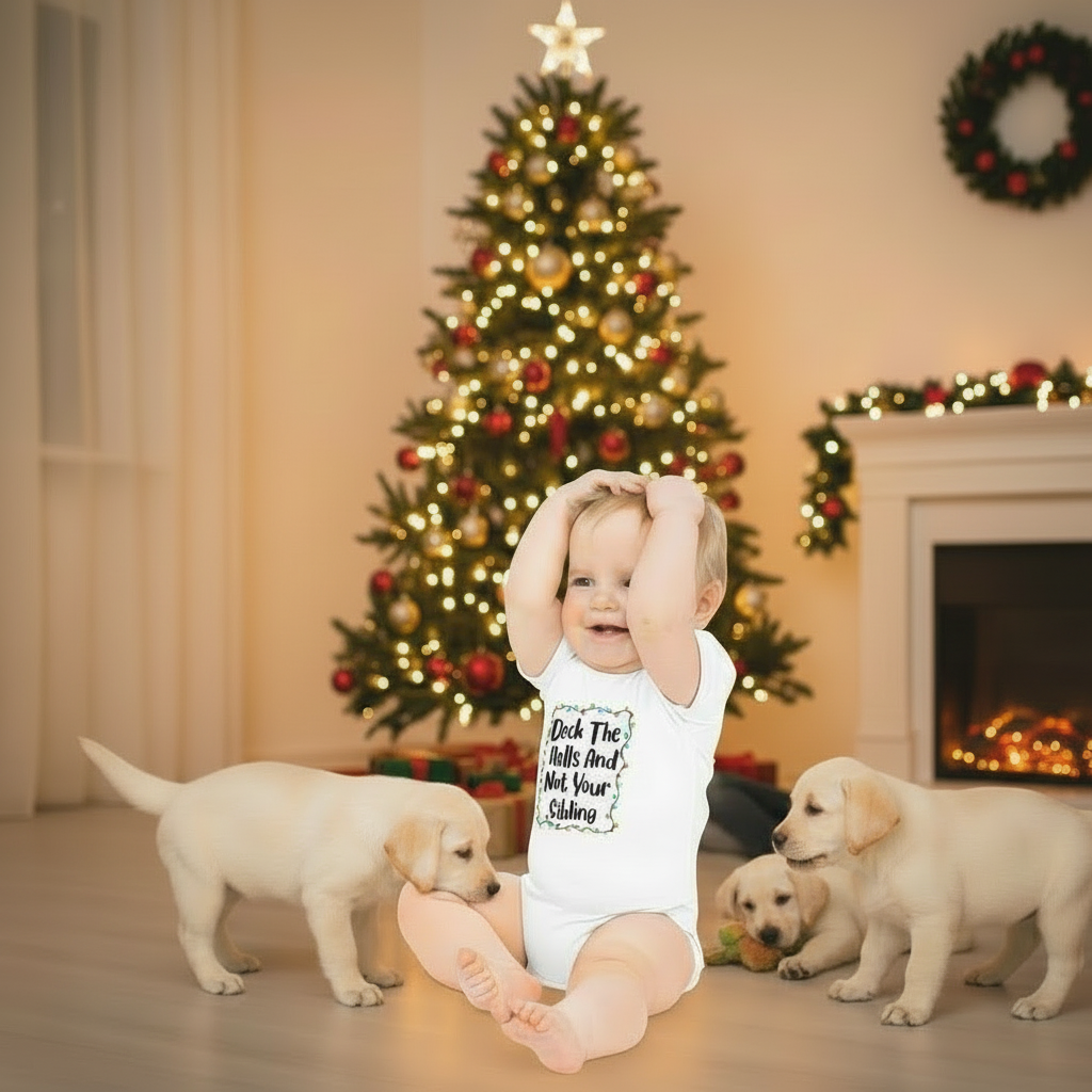 White baby bodysuit worn by baby, colorful holiday lights text graphic