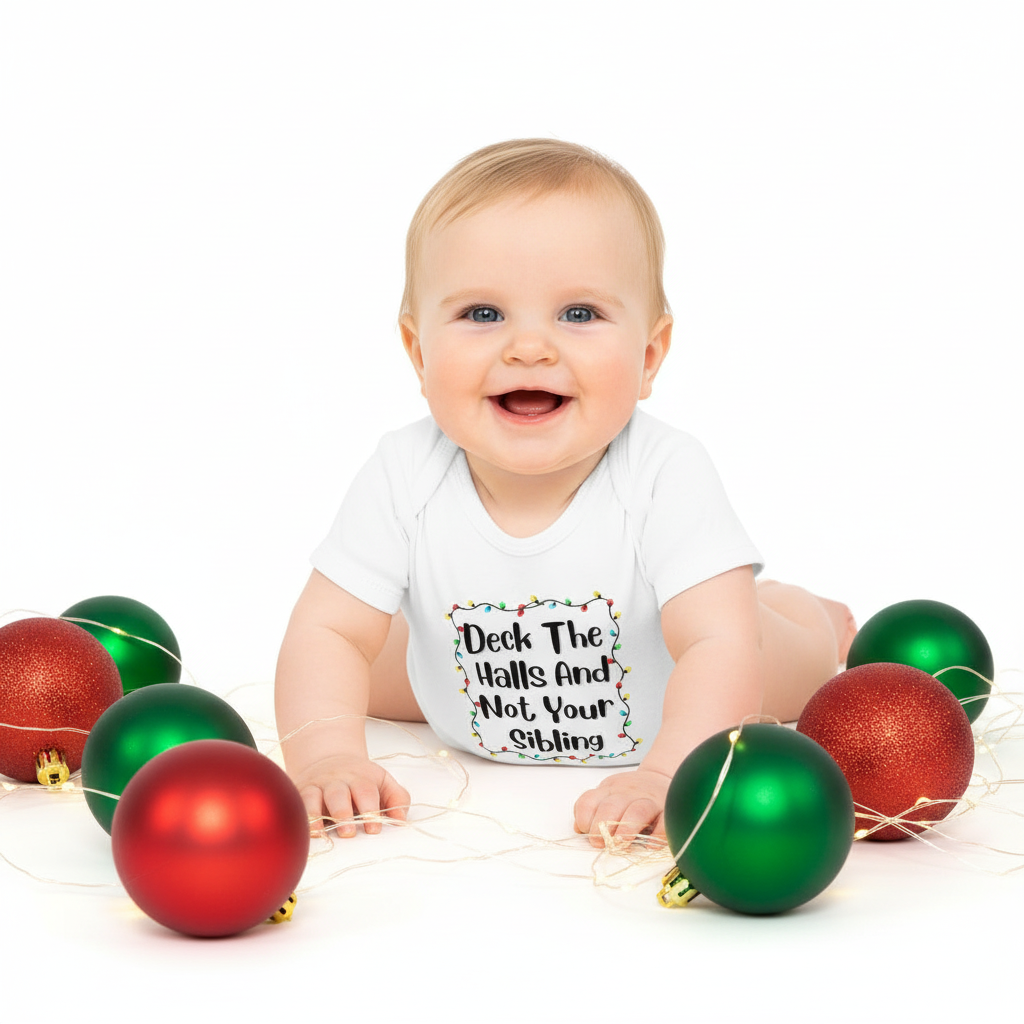 White baby bodysuit with colorful holiday lights text graphic, baby portrait