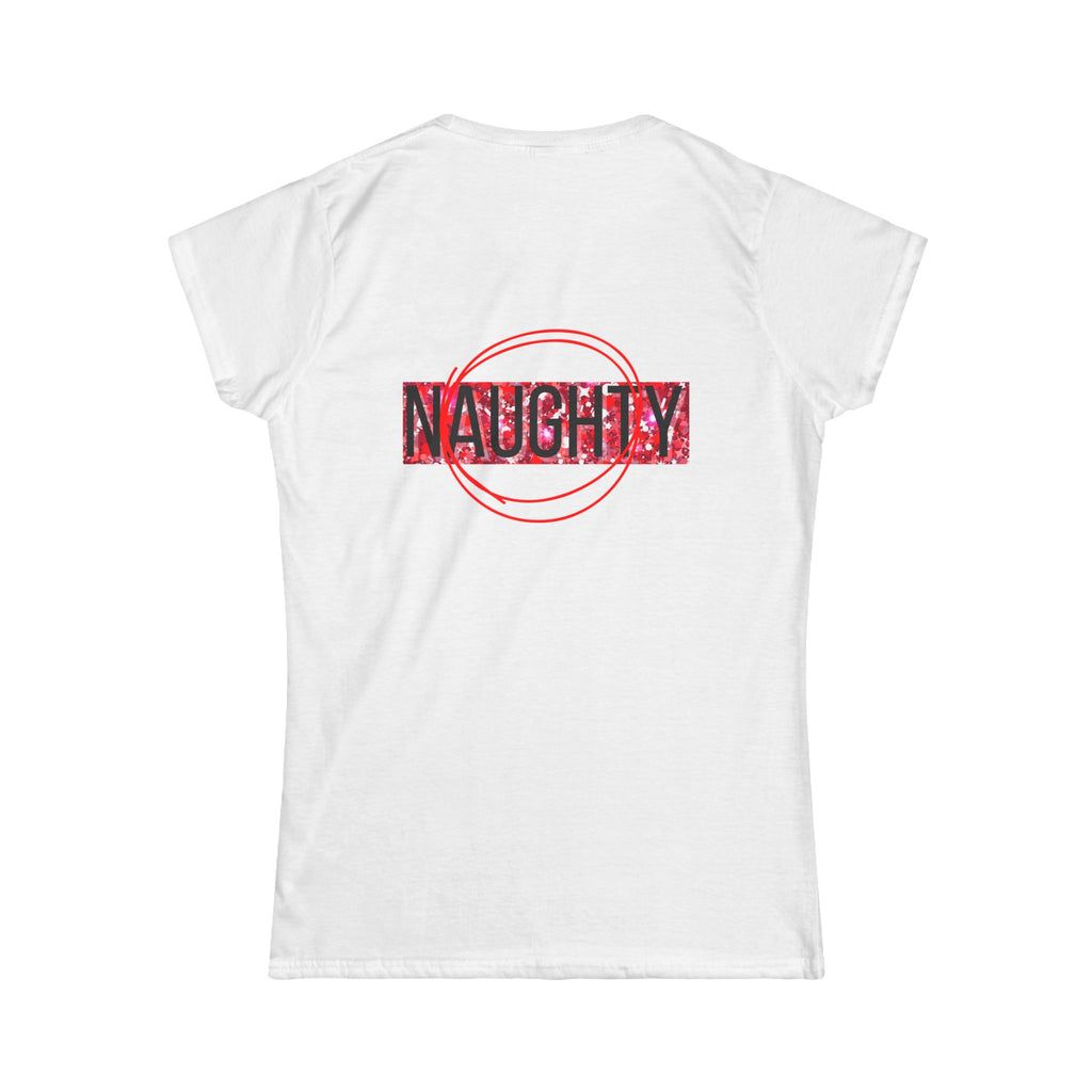 Women’s graphic tee, white, “NAUGHTY” back print with red circle