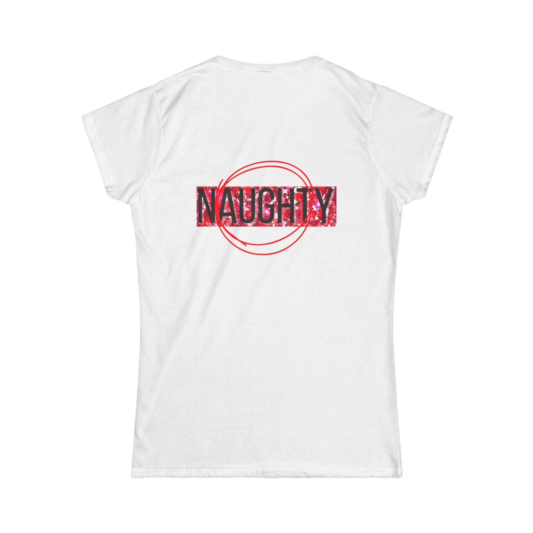 Women’s graphic tee, white, “NAUGHTY” back print with red circle
