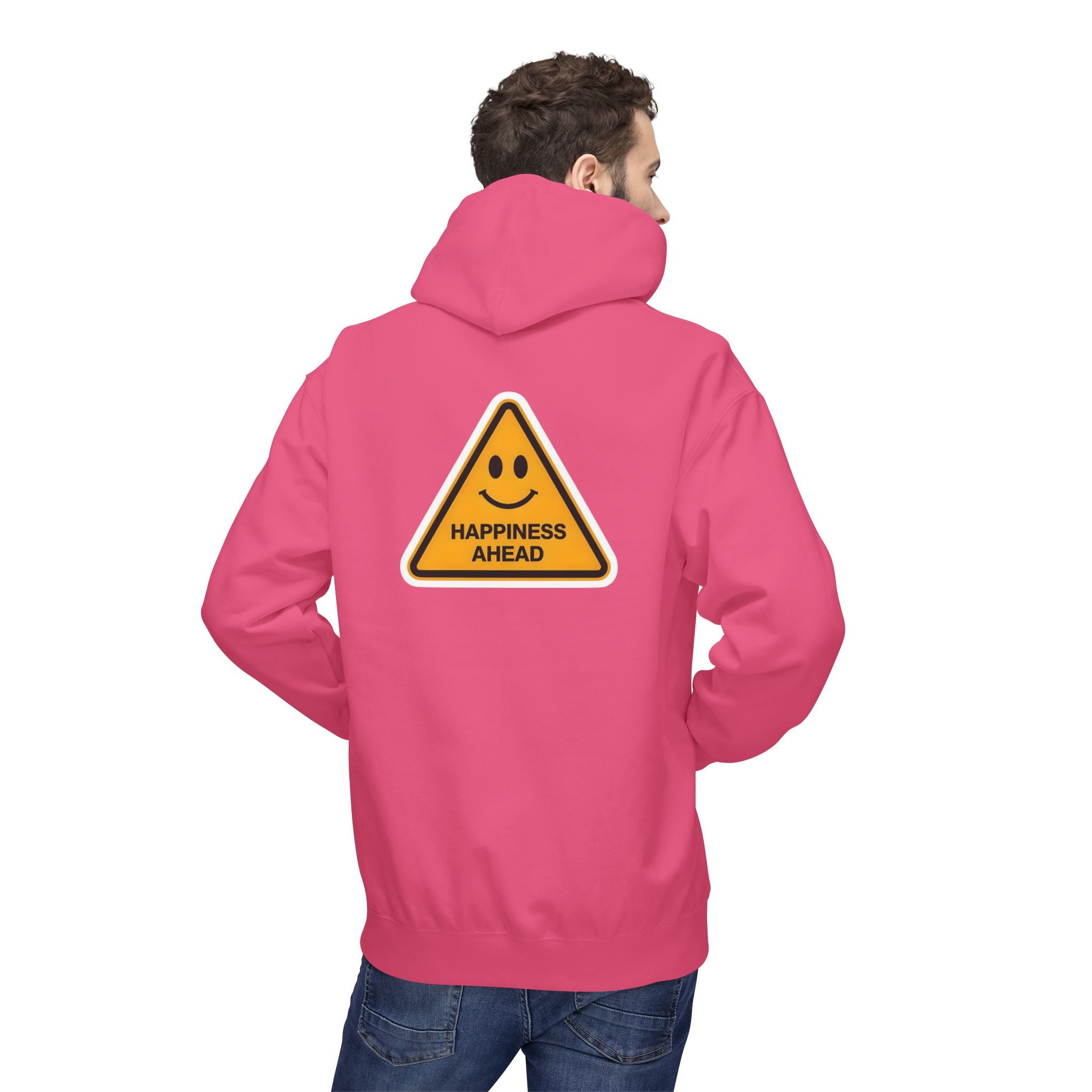 Magenta unisex hoodie with back triangle “HAPPINESS AHEAD” graphic