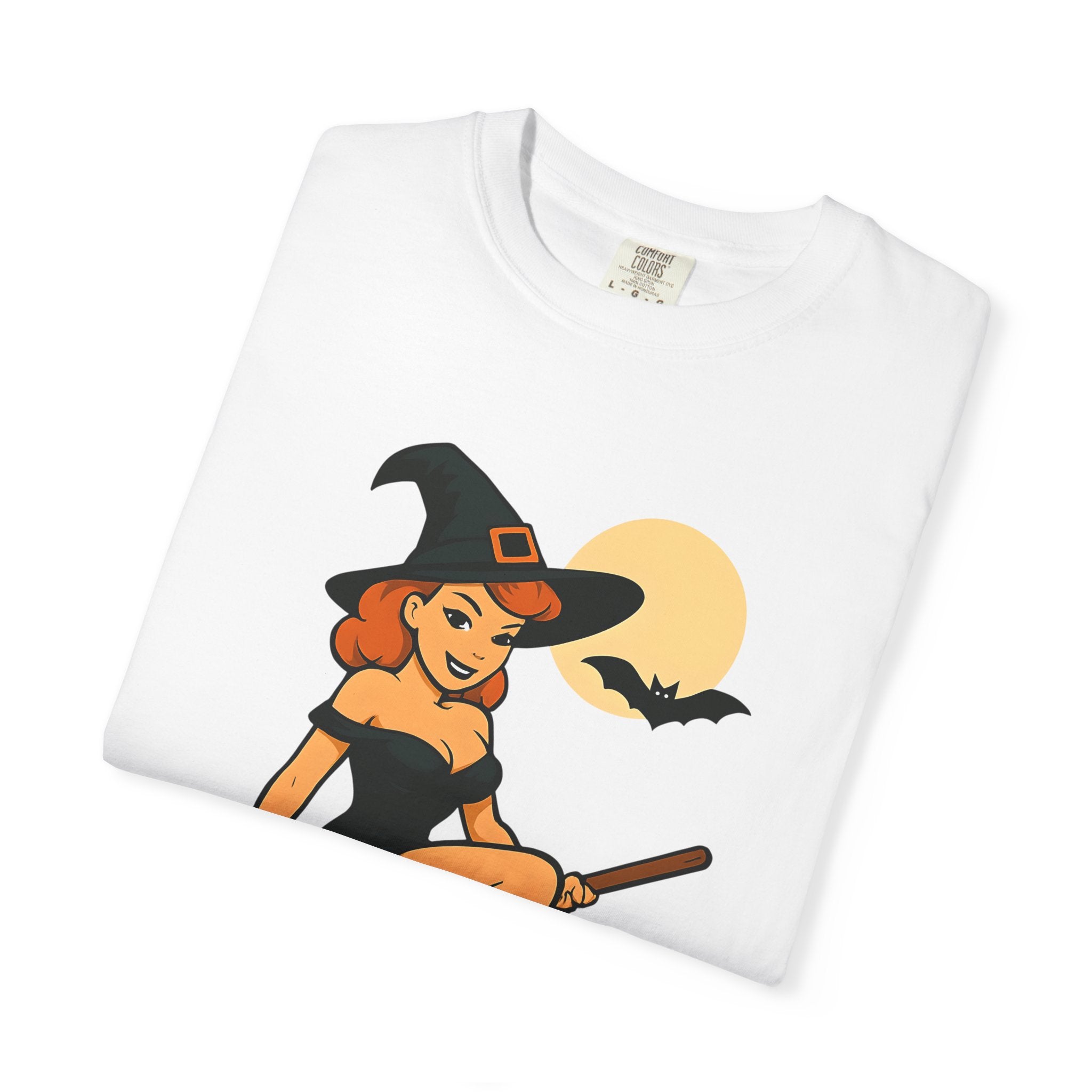 Witch Pinup Tee - "Broom Ride? Enquire Within" Halloween Graphic Shirt