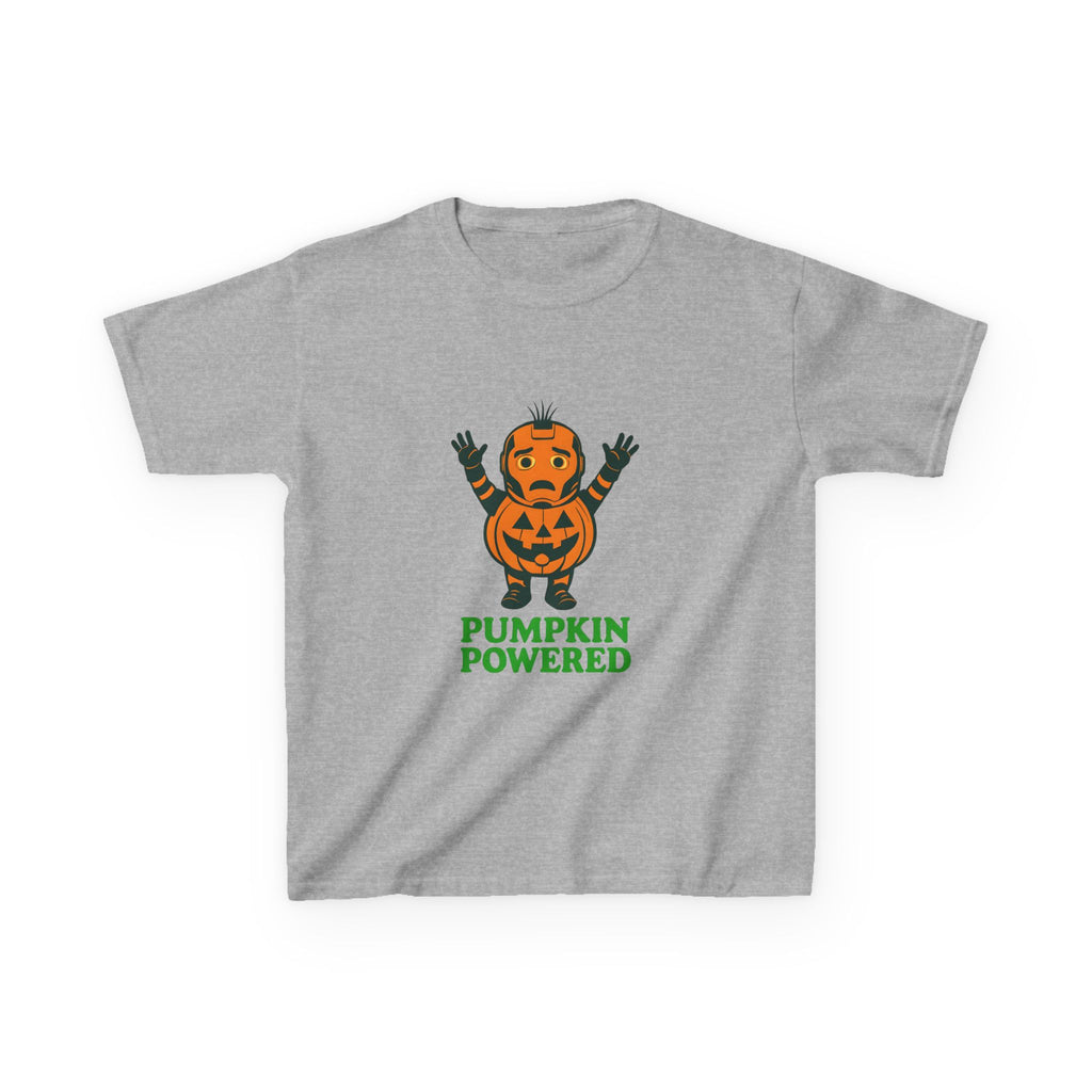 Kids heather gray graphic tee showing an orange pumpkin character with “PUMPKIN POWERED”